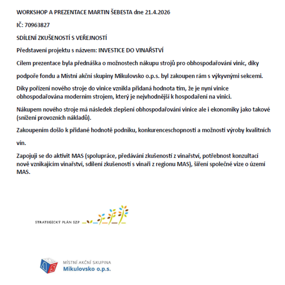 Workshop a prezentace - Vinařství Šebesta